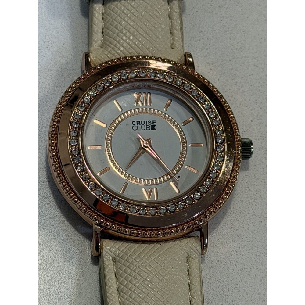 Cruise Club Women’s Rose Gold Tone Watch White Strap Rhinestone Bezel 36mm